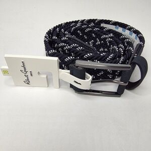 NWT Robert Graham Jacob Braided Woven Stretch Belt Navy White Paisley Leather 38